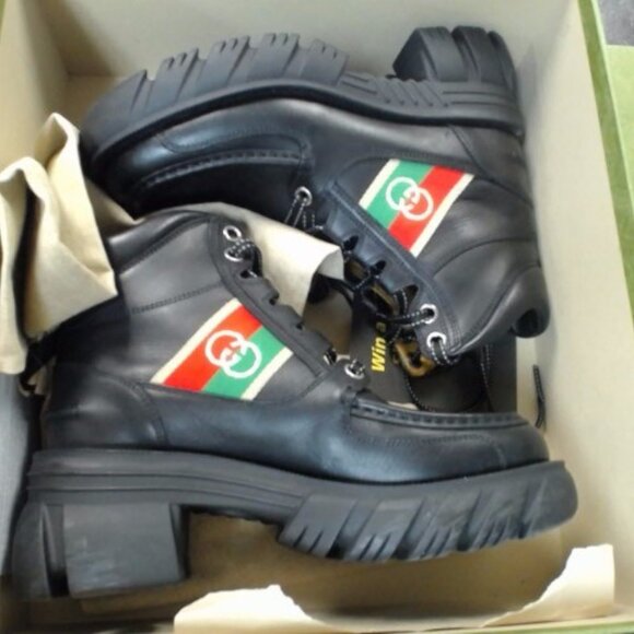 Gucci Quebec Calfskin Web Interlocking G Lace-Up Combat Boots 38 - Picture 8 of 8
